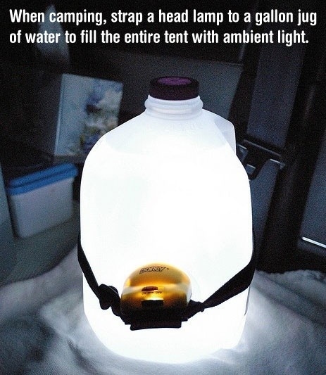 Put headlamp on gallon jug for light when camping